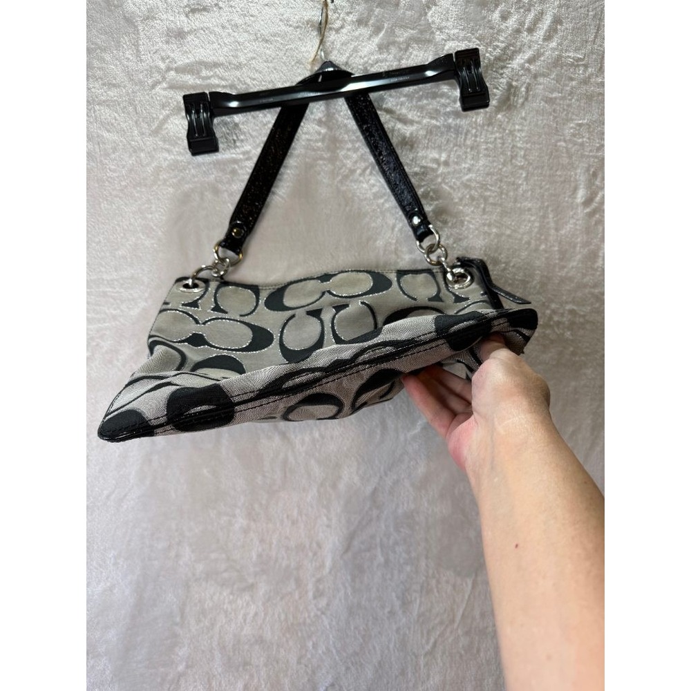 Coach Poppy Signature Sateen Metallic Shoulder Bag Black Silver Zip Tote Purse - Picture 7 of 12